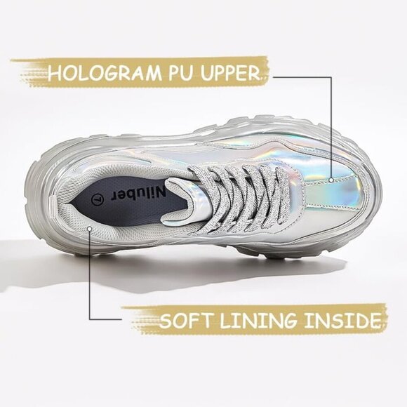 Amazon.com | Niluber Women Women Silver Hologram Casual Tennis Lace Up Chunky Sneakers Shoes